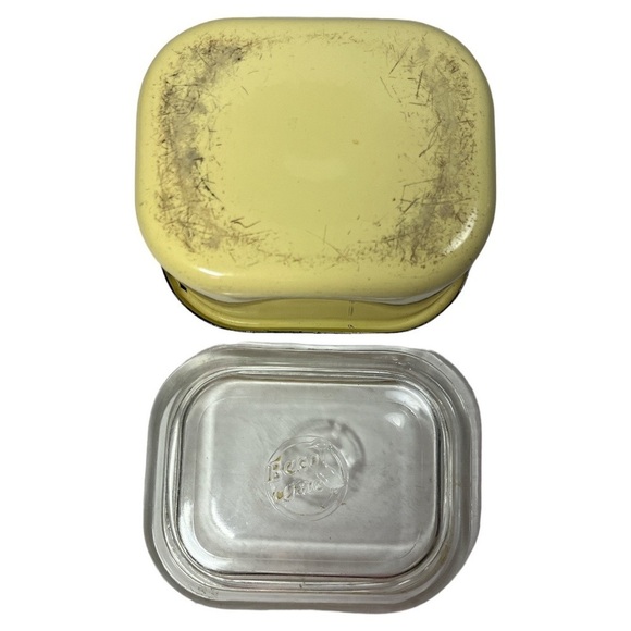 Vintage Beco Ware Refrigerator Dish Yellow Enamel Metal Black‎ Trim Glass Lid - Picture 6 of 13